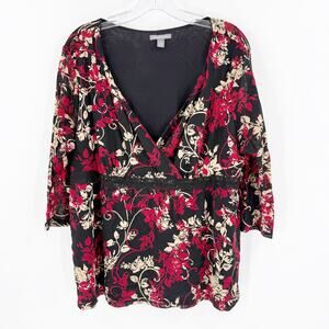 Apt 9 2X Floral Lace Waist Blouse Black Red 3/4 Sleeve Plus Size Top